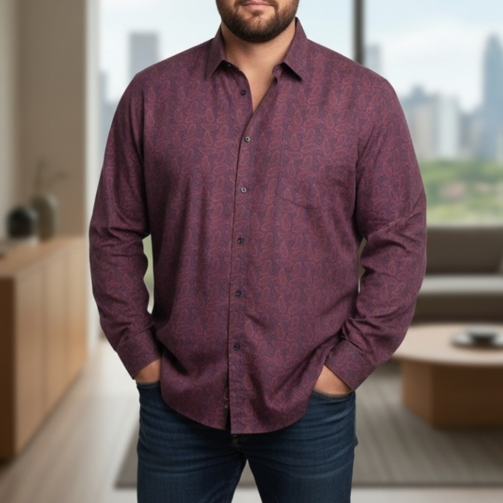 Perry Ellis Men's 2XL Red & Purple Paisley Dress Shirt – 100% Cotton.